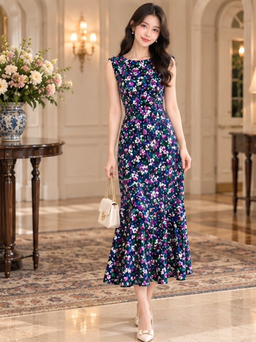 Lauren Ralph Lauren Navy Floral Midi Dress with Pink & Green Accents